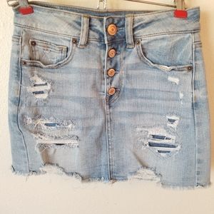 AMERICAN EAGLE Distressed Hi-Rise Denim Mini Skirt